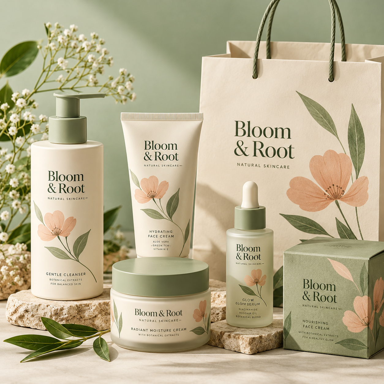 Bloom & Root fictional botanical skincare branding mockup