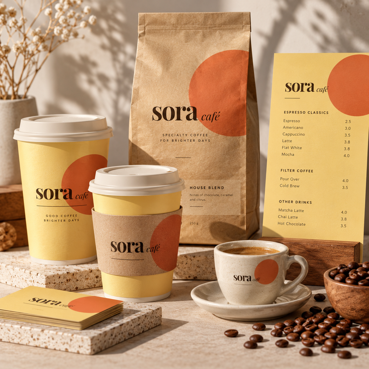 Sora Café fictional coffee brand packaging and menu mockup